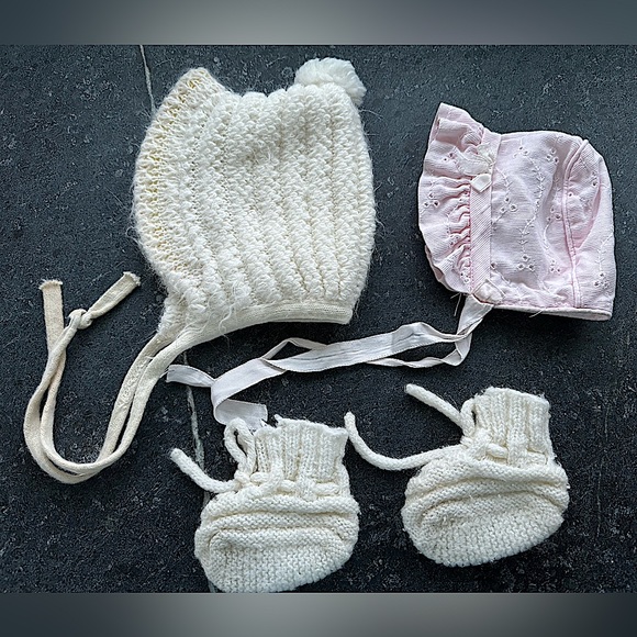 2/$10 - White & Pink Baby Bonnets and White knit Baby Booties with tassels - Picture 2 of 15